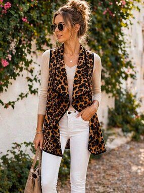 Sweet Lovely by Jen Leopard Print Open Front Waterfall Vest Women's Small